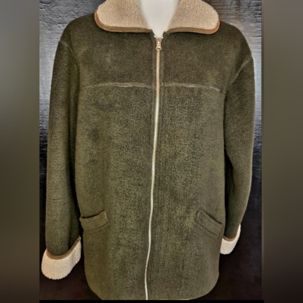 Vintage COACO NY Deep Olive Green Suede & Sherpa Fleece Cozy Zip Coat Small